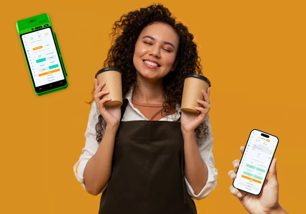 ControleNaMão rodando numa cafeteria com PDV no tablet e relatórios no celular