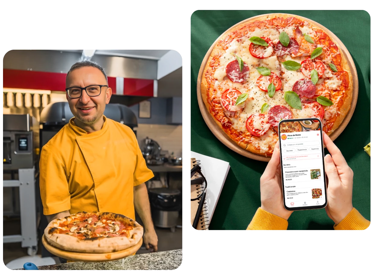 Sistema para pizzaria ControleNaMão no computador e celular com PDV, delivery e KDS de cozinha